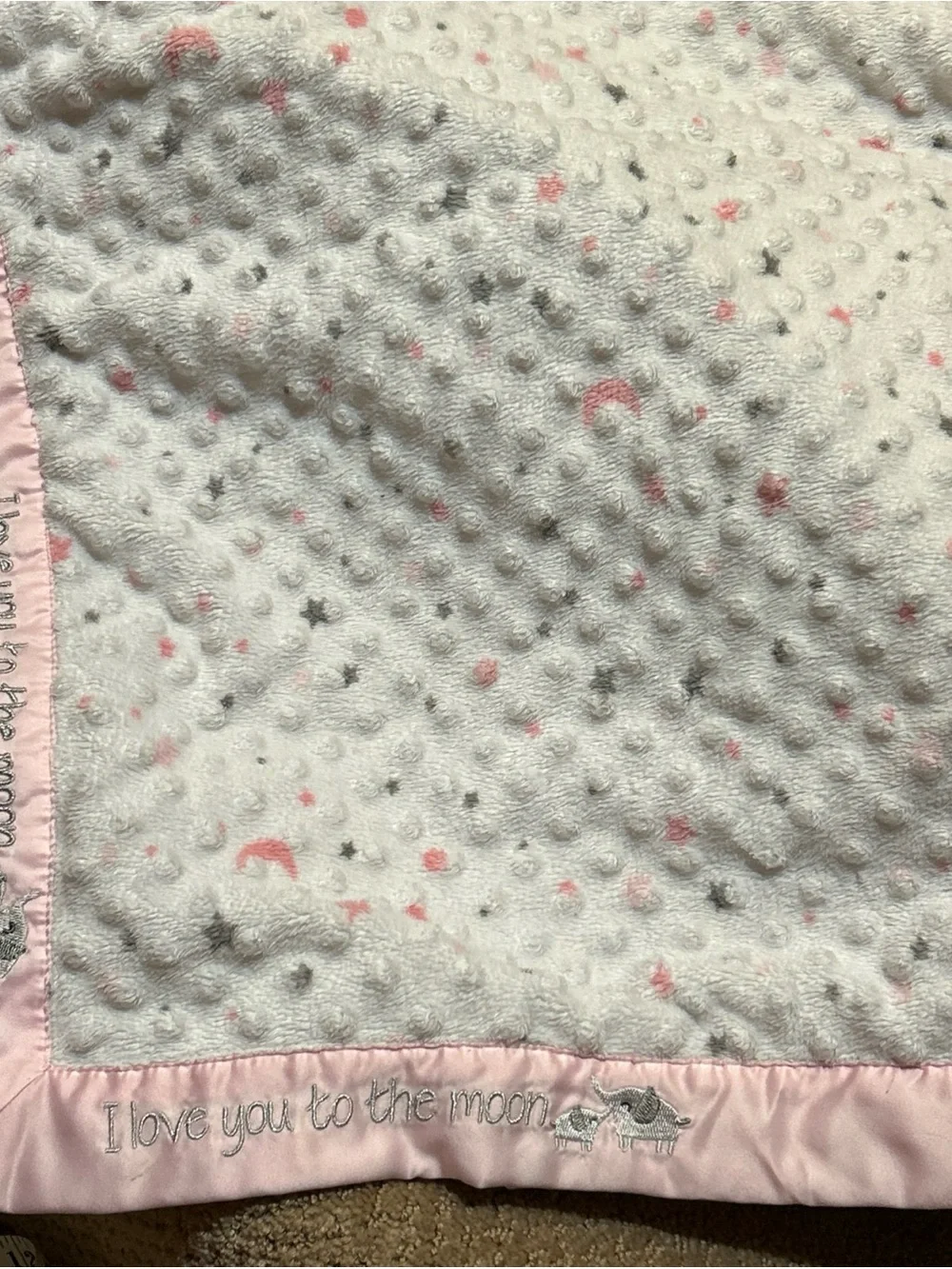 Just Born Love you to the Moon Baby Blanket Pink Minky Satin Trim Stars Elephant